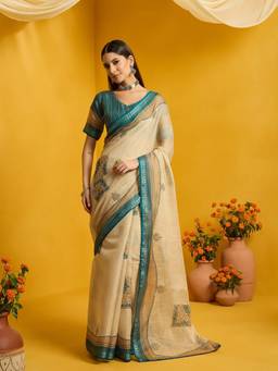 Sareemall - Women's Cotton Blend Beige Embroidered Saree