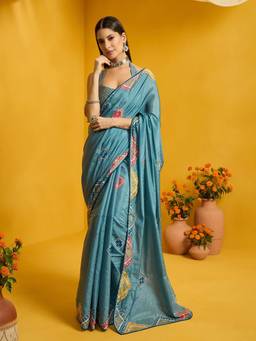 Sareemall - Women's Silk Cotton Blue Printed Saree