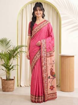 Akhilam - Pink Silk Blend Printed Saree