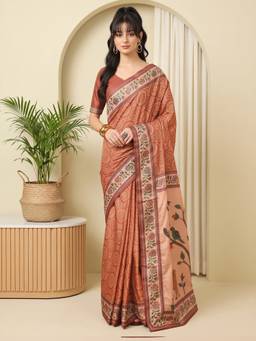 Akhilam - Rust Silk Blend Printed Saree