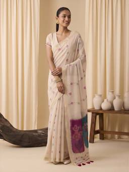Sareemall - Women's Cotton Blend Off White Woven Design Saree