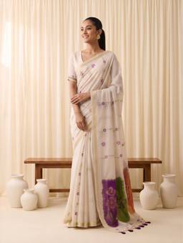 Sareemall - Women's Cotton Blend Off White Woven Design Saree