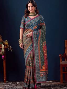 Sareemall - Women's Satin Silk Multi-Color Printed Saree