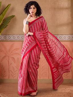 Akhilam - Women'S Bhagalpuri Silk Red Printed Ready To Wear Saree