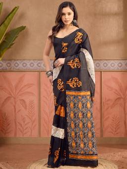 Akhilam - Women'S Bhagalpuri Silk Black Printed Ready To Wear Saree