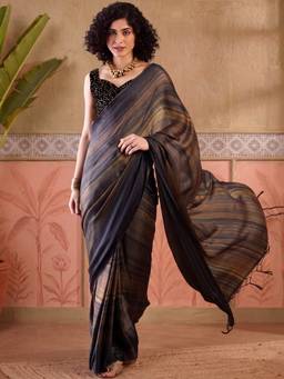 Akhilam - Women'S Poly Georgette Black Solid Ready To Wear Saree