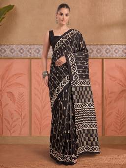 Akhilam - Women'S Bhagalpuri Silk Black Printed Ready To Wear Saree