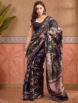 Akhilam - Women'S Bhagalpuri Silk Black Printed Ready To Wear Saree
