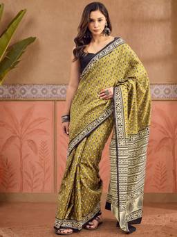Akhilam - Women'S Bhagalpuri Silk Olive Printed Ready To Wear Saree