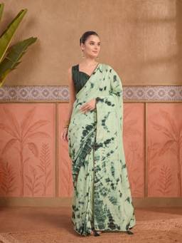 Akhilam - Women'S Silk Blend Green Printed Ready To Wear Saree