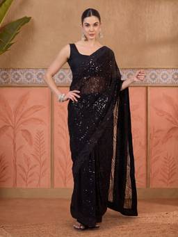 Akhilam - Women'S Georgette Black Embellished Ready To Wear Saree