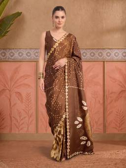 Akhilam - Women'S Crepe Brown Printed Ready To Wear Saree