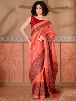 Akhilam - Women'S Tussar Silk Orange Printed Ready To Wear Saree
