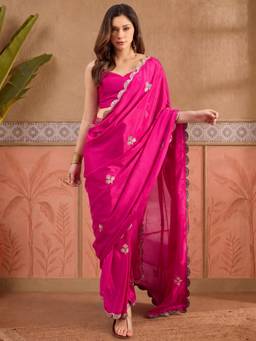 Akhilam - Women'S Chinnon Pink Embellished Ready To Wear Saree