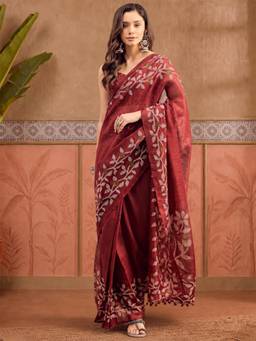 Akhilam - Women'S Cotton Slub Burgundy Printed Ready To Wear Saree