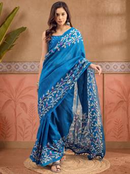 Akhilam - Women'S Cotton Slub Light Blue Printed Ready To Wear Saree