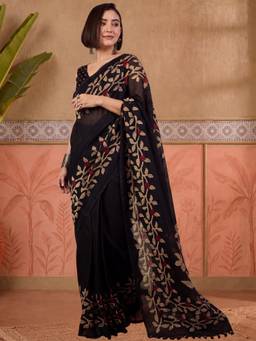 Akhilam - Women'S Cotton Slub Black Printed Ready To Wear Saree