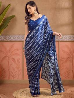 Akhilam - Women'S Crepe Blue Printed Ready To Wear Saree
