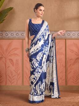 Akhilam - Women'S Crepe Blue Printed Ready To Wear Saree