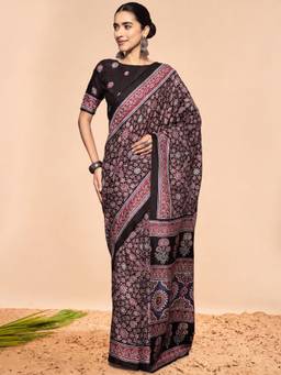 Akhilam - Women'S Dola Silk Black Digital Print Ready To Wear Saree