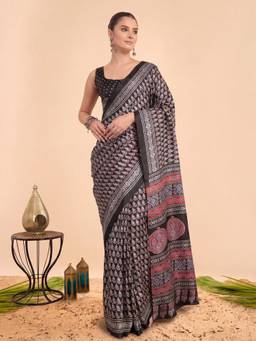 Akhilam - Women'S Dola Silk Black Printed Ready To Wear Saree