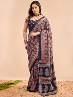 Akhilam - Women'S Dola Silk Black Printed Ready To Wear Saree