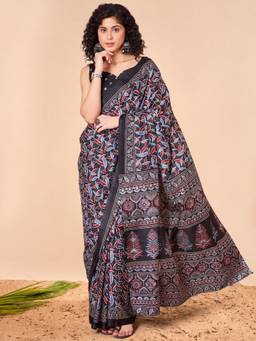Akhilam - Women'S Dola Silk Black Digital Print Ready To Wear Saree