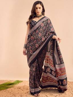 Akhilam - Women'S Dola Silk Black Printed Ready To Wear Saree