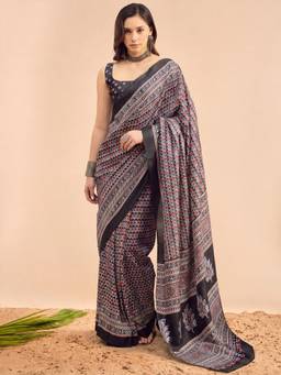 Akhilam - Women'S Dola Silk Black Printed Ready To Wear Saree