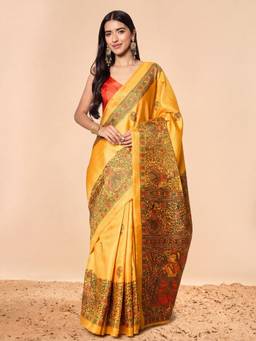 Akhilam - Women'S Khadi Silk Mustard Printed Ready To Wear Saree