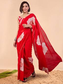 Akhilam - Women'S Cotton Red Printed Ready To Wear Saree