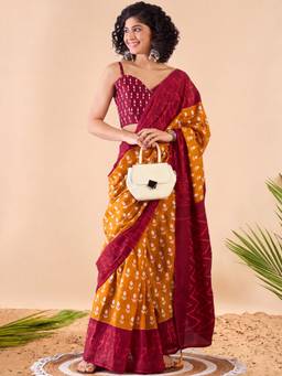 Akhilam - Women'S Cotton Orange Printed Ready To Wear Saree