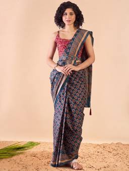 Akhilam - Women'S Cotton Teal Blue Printed Ready To Wear Saree