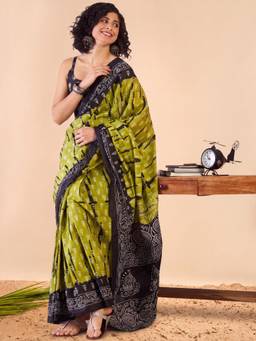 Akhilam - Women'S Cotton Olive Printed Ready To Wear Saree