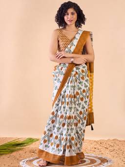 Akhilam - Women'S Cotton White Printed Ready To Wear Saree