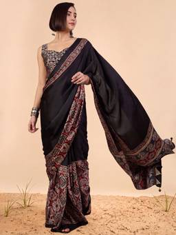 Akhilam - Women'S Crepe Black Printed Ready To Wear Saree