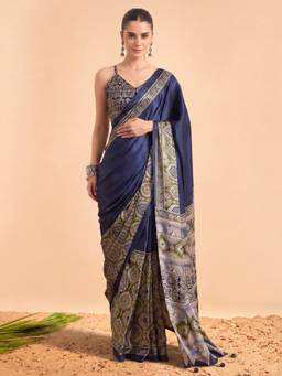 Akhilam - Women'S Crepe Blue Printed Ready To Wear Saree
