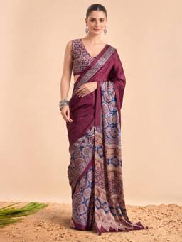 Akhilam - Women'S Crepe Wine Printed Ready To Wear Saree