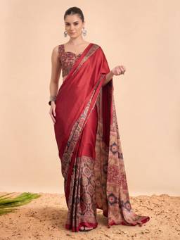 Akhilam - Women'S Crepe Maroon Printed Saree