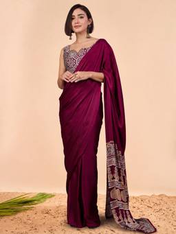 Akhilam - Women'S Satin Silk Burgundy Printed Ready To Wear Saree