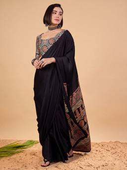 Akhilam - Women'S Satin Silk Black Printed Ready To Wear Saree