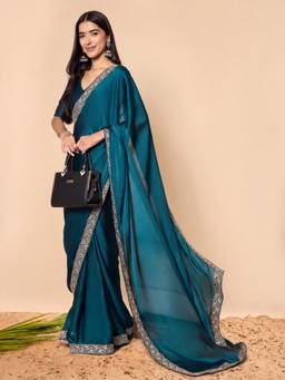 Akhilam - Women'S Satin Blue Embellished Ready To Wear Saree