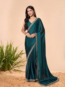 Akhilam - Women'S Satin Teal Blue Embellished Ready To Wear Saree