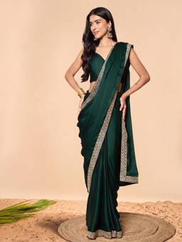 Akhilam - Women'S Satin Dark Green Embellished Ready To Wear Saree