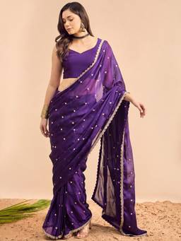 Akhilam - Women'S Pure Georgette Purple Embellished Ready To Wear Saree