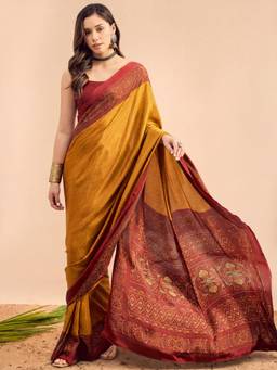 Akhilam - Women'S Crepe Mustard Printed Ready To Wear Saree
