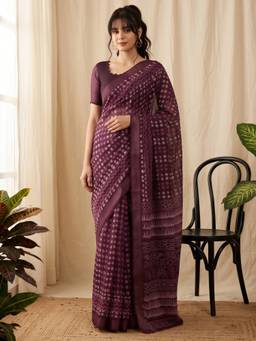 Akhilam - Purple Cotton Linen Printed Saree