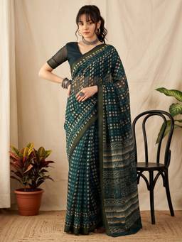 Akhilam - Teal Cotton Linen Printed Saree