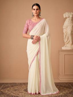 Akhilam - Women'S Georgette Off White Embellished Saree