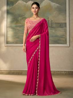 Sareemall - Women's Georgette Pink Zari Solid Saree
